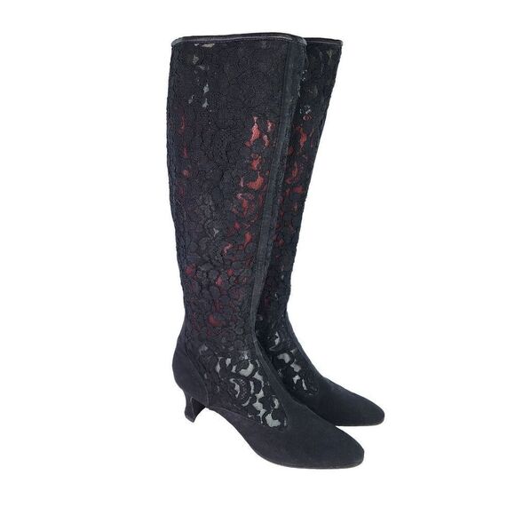 Yves Saint Laurent Womens Applique Lace Back Zip Tall Boot US 10 Black Heel Boot - Picture 2 of 14